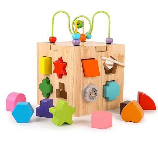 Color Cube Wooden Toy Shape Building Block Around Bead Music Intelligence Box